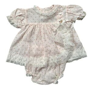 VTG girls 6-9 mos pink rosette baby dress and bloomer‎ set tulip print